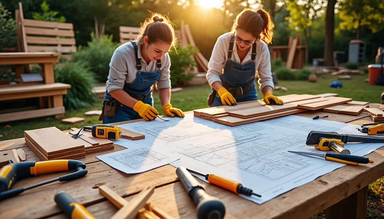 Illustration: Outils, plans et étapes pour fabriquer un salon de jardin en bois résistant et personnalisé