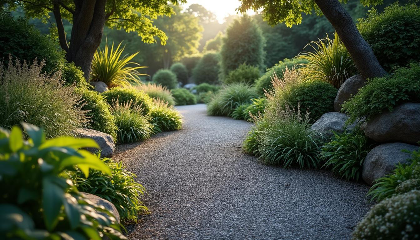 Allée en gravier et contraste de la végétalisation du massif