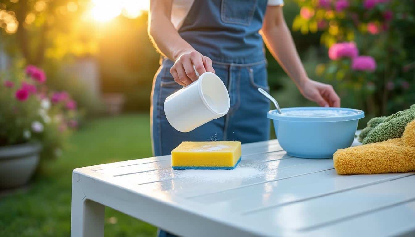 Illustration: Pourquoi le bicarbonate est-il idéal pour l’entretien d’un salon de jardin en PVC blanc ?